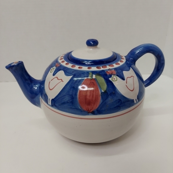 Vietri Solimene Chicken Blue White Teapot with Lid Italy Red Dot Farmhouse VTG - Picture 1 of 15